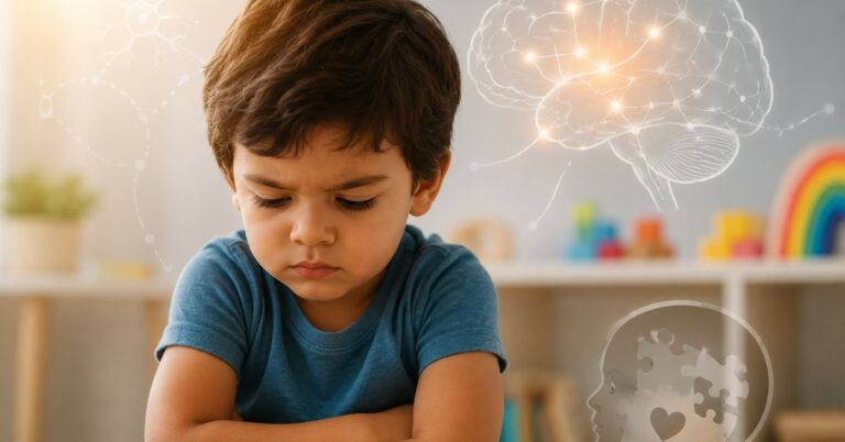 Criança pequena sentada no chão com expressão pensativa em ambiente de educação infantil, com ilustrações de cérebro e conexões neurais ao fundo, representando desenvolvimento emocional, cognitivo e neurodesenvolvimento infantil.