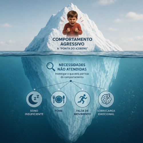 Ilustração de iceberg no oceano para demonstrar a agressividade na infância de forma gráfica.
