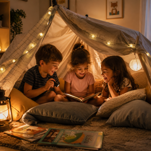 Crianças brincando em uma cabana na sala durante as férias.