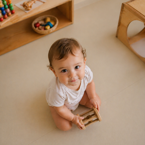 Bebê brincando no chão e olhando para cima