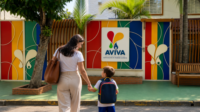 Mãe leva filho até a entrada da AVIVA no primeiro dia de aula, retorno acolhedor à volta às aulas.