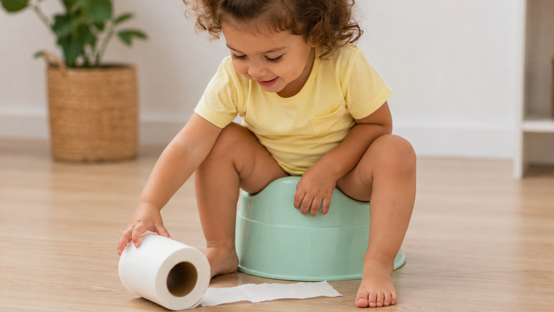 Criança sentada em um troninho segurando um rolo de papel higiênico.