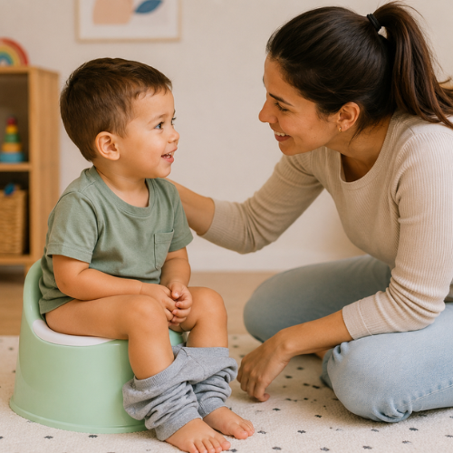 Criança sentada em um troninho e a mãe ao lado conversando afetivamente com ela.