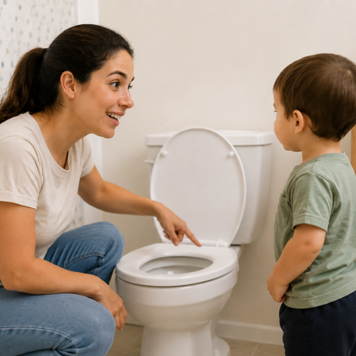 Mãe ensinando o filho pequeno sobre o uso do vaso sanitário