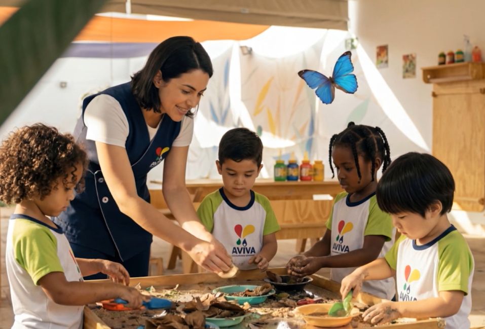 Professor da AVIVA brincando em roda com seus alunos